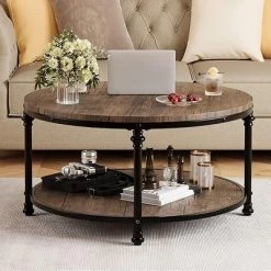 Whizmax Round Coffee Table For Living Room Rustic Center Table With Storage Shelf