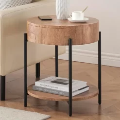 Garvee Round End Table Wood Side Table With Drawer For Living Room, Bedroom And Small Spaces, Brown