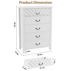 Garvee 5 Drawer Dresser For Bedroom, WHite 45.2" Tall Chest Of Drawer With V Shape Design, Modern Wooden Closet Nightstand For Living Room Entryway
