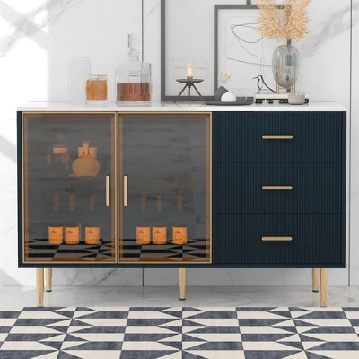 60'' Sideboard Buffet Cabinet,Freestanding Storage Cabinet With 3 Drawer & Glass Door,Wood Buffet Sideboard,Console Table 7 60'' Sideboard Buffet Cabinet,Freestanding Storage Cabinet With 3 Drawer & Glass Door,Wood Buffet Sideboard,Console Table - Image 5