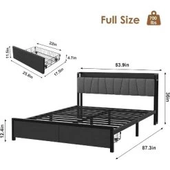 Bed Frame With Storage Headboard, Industrial Platform Bed With 2 Large Drawers And Charging Station, Black No Box Spring Needed Bed Frame