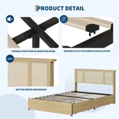 Bed Frame With Natural Rattan Headboard, Queen Size, 4 Storage Drawers, Wooden Slats, Boho-Style Cane Support, Metal Base -Garvee GUEST 96ad8c25 98da 4a0b bc48 ab5a29987786
