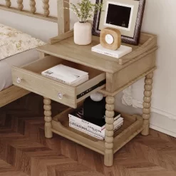 Retro Style Nightstand With Drawer And Open Shelf For Bedroom, Bedside Table With Turned Legs And Metal Handle 17 Retro Style Nightstand With Drawer And Open Shelf For Bedroom, Bedside Table With Turned Legs And Metal Handle -Garvee GUEST 97f95879 8542 4c81 ad0e 9083442af949
