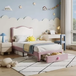 Garvee Upholstered Bed Frame For Kids With Storage Drawer And Scallop Headboard, No Box Spring Needed -Garvee GUEST 98220cc7 5d7f 4091 bb7d c57702fd0d52