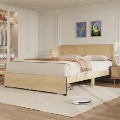 Rattan Bed Frame Bed Frame With 2 Drawers, Wooden Platform Bed With Rattan Headboard, Led Lights -Garvee GUEST 9924bcb4 6763 4558 b18b 91647a79b8ed