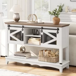 Entryway Table With Cabinet, Farmhouse Console Sofa Table With Storage, Rustic Sofa Table With Sliding Barn Doors, Console Table With Open Shelf