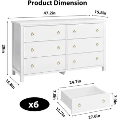 6 Dresser For Bedroom, 47.2" Modern Wide Dresser With Storage, Wooden Closet Dressers Chest Of Drawers Freestanding For Bedroom White