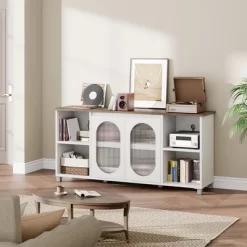 70" Rustic TV Stand - Entertainment Center With Corrugated Glass Cabinet Doors & Open Shelves -Garvee GUEST 99d58702 50fb 44ea b0d6 413b4381eb57