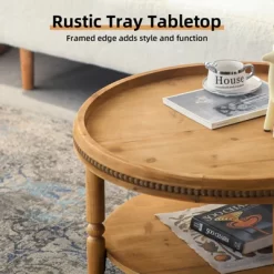 31'' Modern Round Coffee Table, 2 Tier Wooden Center Table With Beaded Trim, Accent Cocktail End Table For Living Room Bedroom Office Brown -Garvee GUEST 9a5b5052 7b84 42d7 9217 7f04d7d208c4