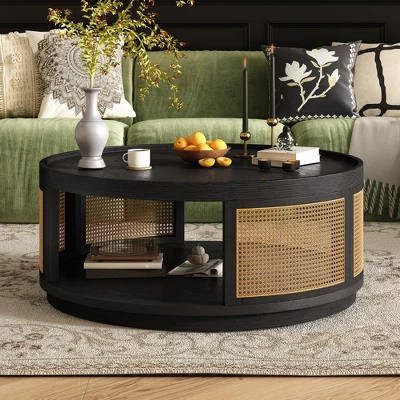 36.8'' Modern Round Coffee Table, 2 Tier Wooden Center Table With PE Rattan Side, Accent Cocktail End Table For Living Room Bedroom Office 3 36.8'' Modern Round Coffee Table, 2 Tier Wooden Center Table With PE Rattan Side, Accent Cocktail End Table For Living Room Bedroom Office
