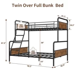 Metal Bunk Bed Twin Over Full Size With Angled Ladder, High Guardrail, Heavy Duty Bunk Bed Frame With Metal Slats, Smooth Rounded Edges, For Kids