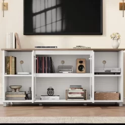 70" Rustic TV Stand - Entertainment Center With Corrugated Glass Cabinet Doors & Open Shelves -Garvee GUEST 9bda1728 1479 44e1 b3c9 62f96f890d59