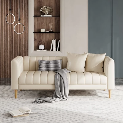 Garvee Faux Leather Sofa Couch, Modern 78" W Sofa With Deep Seats, 3 Seater Sofa Couch With 2 Throw Pillows And Wood Legs, For Living Room 3 Garvee Faux Leather Sofa Couch, Modern 78" W Sofa With Deep Seats, 3 Seater Sofa Couch With 2 Throw Pillows And Wood Legs, For Living Room