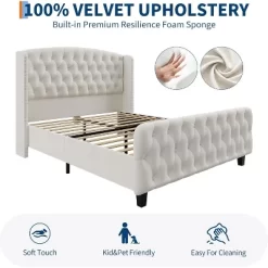 51" Tall Queen/King Size Velvet Upholstered Platform Bed Frame With Button Tufted Wingback Headboard & Footboard, No Box Spring Needed -Garvee GUEST 9e6f1c6d fd6f 499b bd13 bbd4f08e580f