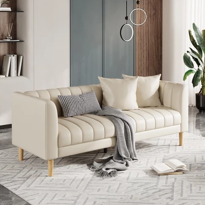 Garvee Faux Leather Sofa Couch, Modern 78" W Sofa With Deep Seats, 3 Seater Sofa Couch With 2 Throw Pillows And Wood Legs, For Living Room 10 Garvee Faux Leather Sofa Couch, Modern 78" W Sofa With Deep Seats, 3 Seater Sofa Couch With 2 Throw Pillows And Wood Legs, For Living Room - Image 8