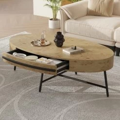 Oval Coffee Table Mid-Century Modern Center Table With Drawer Wooden Coffee Table With Storage And Cross Metal Legs -Garvee GUEST 9e8a0fb4 70eb 4927 a213 ea2ecedbc6ad