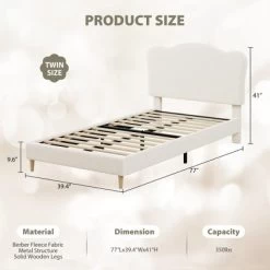 Bed Frame For Kids With Scallop Headboard, Cute Velvet Twin Bed For Girls, Boys, Sturdy Platform Bed, No Box Spring Needed, Wooden Slats, Noise Free