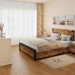Queen Bed Frame With Storage, 4 Drawers And Heavy Duty Strong Metal Support Bed Frame With Wooden Headboard And Footboard -Garvee GUEST 9f261b94 b41f 4863 b59f 9250a31f808f