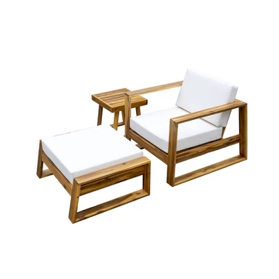 Outdoor Chaise Lounge Chair Set Of 3, Acacia Wood Conversation Set With Coffee Table, Pool Sunbathing Recliner With Ottoman For Porch Backyard 4 Outdoor Chaise Lounge Chair Set Of 3, Acacia Wood Conversation Set With Coffee Table, Pool Sunbathing Recliner With Ottoman For Porch Backyard - Image 3