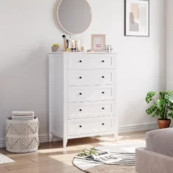 5 Drawers Dresser For Bedroom, Farmhouse Tall Wood Chest Of Drawers For Clothes, Big Storage Dressers Organizer With Gold Handles For Bedroom, White -Garvee GUEST a03ae952 203f 4b23 a6ee ed767d4b2303