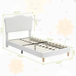 Twin Bed Frame, Twin Size Bed Frame With Cute Upholstered Headboard, Velvet Sturdy Platform Bedframe For Girls And Boys