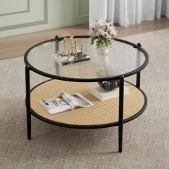 30" Rattan Coffee Table, 2-Tier Round End Table With Storage, Round Water-Wave Glass Metal Center Tables 17 30" Rattan Coffee Table, 2-Tier Round End Table With Storage, Round Water-Wave Glass Metal Center Tables -Garvee GUEST a1667f5f 6e42 49b6 9987 33631a5eb70b