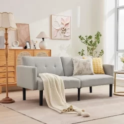 3-Position Adjustable Futon Sofa Bed, Compact Loveseat, Modern Mid-Century Sleeper Sofa, Convertible Couch, Living Room Couches (Grey/Brown)