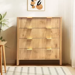 4 Drawer Wood Dresser, Waveform Fluted Panel Dresser, Modern Dressers For Storage Chest Drawers, For Living Room, Bedroom, Nursery Hallway Closet