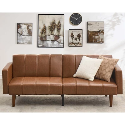 75" Futon Sofa Bed, Mid-Century Modern Futon Couch, Convertible Sleeper Sofa With Adjustable Backrest, Loveseat With Side Pockets, PU Leather, Brown 3 75" Futon Sofa Bed, Mid-Century Modern Futon Couch, Convertible Sleeper Sofa With Adjustable Backrest, Loveseat With Side Pockets, PU Leather, Brown