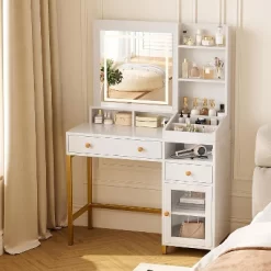 Makeup Vanity Desk With 3 Color Led Light, Makeup Vanity With Large Mirror And Power Outlet, Dressing Table With 2 Drawers White 55.9"H