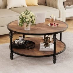 Whizmax Round Coffee Table, Rustic Wooden Surface Top & Sturdy Metal Legs Industrial Sofa Table For Living Room -Garvee GUEST a48a7a5f 327e 4635 b498 29f8fb798e5c