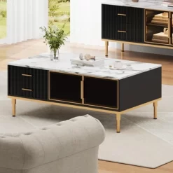 Whizmax Faux Marble Coffee Table - Modern Living Room Table With 4 Drawers & Glass Doors, Fluted Panel Design -Garvee GUEST a4a9ee66 2069 4a18 a42e 5c3fb49dca88