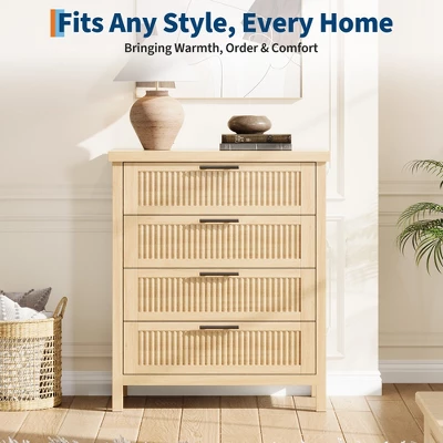 Fluted Drawer Dresser For Bedroom, Mid Century Modern Chest Of Drawers, Wooden Fluted Dresser Chest With Clothes Storage Cabinet, Oak & White 4 Fluted Drawer Dresser For Bedroom, Mid Century Modern Chest Of Drawers, Wooden Fluted Dresser Chest With Clothes Storage Cabinet, Oak & White - Image 2