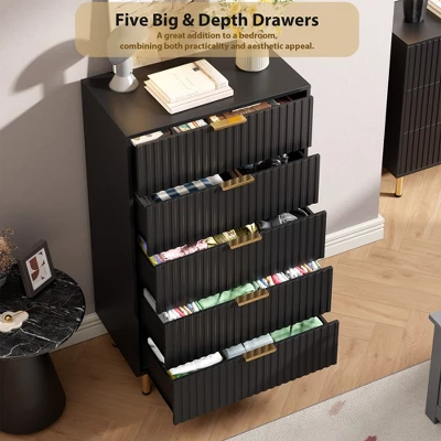 Fluted 3/5/6/8 Drawer Storage Dresser, Tall Modern Chest With Ample Deep Drawers And Wide Top, Wooden Organizer For Living Room, Hallway 5 Fluted 3/5/6/8 Drawer Storage Dresser, Tall Modern Chest With Ample Deep Drawers And Wide Top, Wooden Organizer For Living Room, Hallway - Image 3