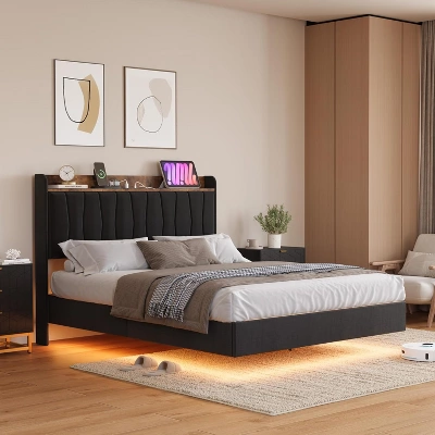 Floating Bed Frame With LED Lights & USB Charging Station – Modern Upholstered Platform Bed With Headboard, Solid Wood Slats Support 4 Floating Bed Frame With LED Lights & USB Charging Station – Modern Upholstered Platform Bed With Headboard, Solid Wood Slats Support - Image 2