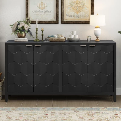 Sideboard Buffet Cabinet, Wooden Floor Storage Console Table, Sideboard Cabinet W/4 Honeycomb Pattern Designed Doors For Entryway Dining Room, Blue 8 Sideboard Buffet Cabinet, Wooden Floor Storage Console Table, Sideboard Cabinet W/4 Honeycomb Pattern Designed Doors For Entryway Dining Room, Blue - Image 6