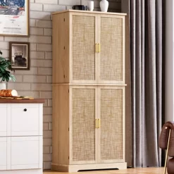 Pantry Cabinet, Kitchen Storage Cabinets With Doors And Shelves, 72" Tall Farmhouse Rattan Pantries With Drawers For Dining Room, Living Room