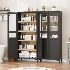 63 Inch Tall Storage Cabinet With Glass Doors, Kitchen Pantry Cabinet 5 Tier Bathroom Cabinet With Doors Adjustable Shelves -Garvee GUEST a5f715f8 c1ef 49e6 9965 904a68663f10
