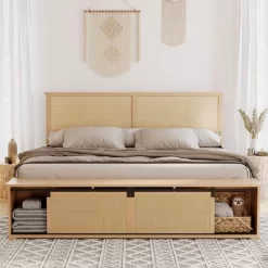 Whizmax Natural Rattan Bed Frame With Sliding Barn Door Storage Cabinets And LED Light Headboard,Boho Platform Bed With Wood Legs -Garvee GUEST a6beeb62 36bf 4947 bb99 f092f93623ca