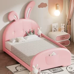 Cute Twin Size Upholstered Princess Bed,Platform Bed With Rabbit-Shape Headboard And Footboard,for Kids Toddlers Boys Girls Bedroom Use -Garvee GUEST a713e98f 9fad 4b50 bcd4 498b7c574248