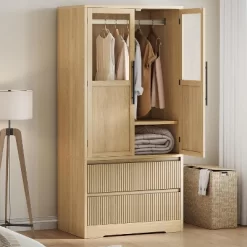 Wooden Armoire Wardrobe Closet With Shelves & Hanging Rod, Wardrobe Armoire Cabinet With Glass Doors And 2 Drawers, For Bedroom, Living Room -Garvee GUEST a75129a5 1434 46a1 aa55 b415c1a22ed5