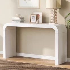 55.1-Inch Console Table, Minimalist Curved Design Entryway Table Sofa Table With Acacia Veneer And Two Legs For Entryway, Hallway, Living Room 15 55.1-Inch Console Table, Minimalist Curved Design Entryway Table Sofa Table With Acacia Veneer And Two Legs For Entryway, Hallway, Living Room -Garvee GUEST a7ef484a 97ed 464c 9656 f0e0287ac921