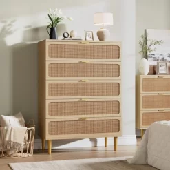 Garvee Rattan 5 Drawer Dresser For Bedroom, Tall Chest With Wide Top And Deep Storage Drawers For Living Room, Hallway, Kids Room -Garvee GUEST a8a16747 01e4 46ca a7bb 3fb67872958c