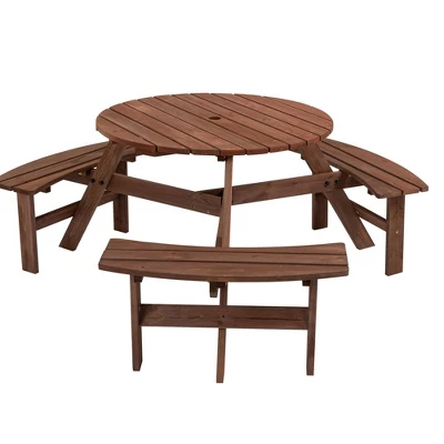 6 Person Wooden Picnic Table Set, Outdoor Round Picnic Table With Benches & Umbrella Hole, Table And Bench Set For Garden Backyard Patio 9 6 Person Wooden Picnic Table Set, Outdoor Round Picnic Table With Benches & Umbrella Hole, Table And Bench Set For Garden Backyard Patio - Image 7