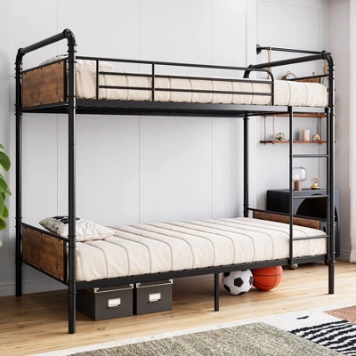 Metal Bunk Bed Twin Over Twin, Heavy Duty Twin Size Metal Bunk Bed With High Guardrail & Ladders, Convertible Bunk Beds For Kids Adults 9 Metal Bunk Bed Twin Over Twin, Heavy Duty Twin Size Metal Bunk Bed With High Guardrail & Ladders, Convertible Bunk Beds For Kids Adults - Image 7