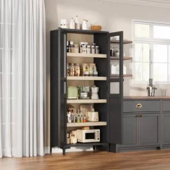 63 Inch Tall Storage Cabinet With Glass Doors, Kitchen Pantry Cabinet 5 Tier Bathroom Cabinet With Doors Adjustable Shelves -Garvee GUEST aae4b1af c86b 40ec 8aad 7f482d2ee5d4