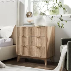 32" Tall Fluted Nightstand, Modern Side Table With Faux Marble Top, 3 Drawers End Table W/Storage, Bedside Table For Bedroom, Living Room