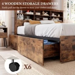 Storage Wooden Bed Frame With Bookcase Headboard And 4 Large Drawers -Garvee GUEST ab54a03c 68f2 4a37 a6a8 3be4fc8c8383