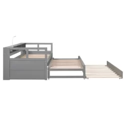 Twin XL Daybed With 2 Trundles 1 Light For Free USB Charging Design Wooden Bed Frame With 3 Storage Cubbies For Kids Teens -Garvee GUEST ab8e1ba9 98d9 4a9f 86ba 9c38c9cd827c