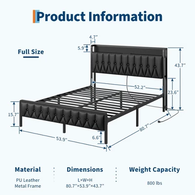 Full Size Bed Frame With PU Faux Leather, Button Headboard With Charging Station, All-Metal Full Platform Bed Frame With Storage, Black 4 Full Size Bed Frame With PU Faux Leather, Button Headboard With Charging Station, All-Metal Full Platform Bed Frame With Storage, Black - Image 2